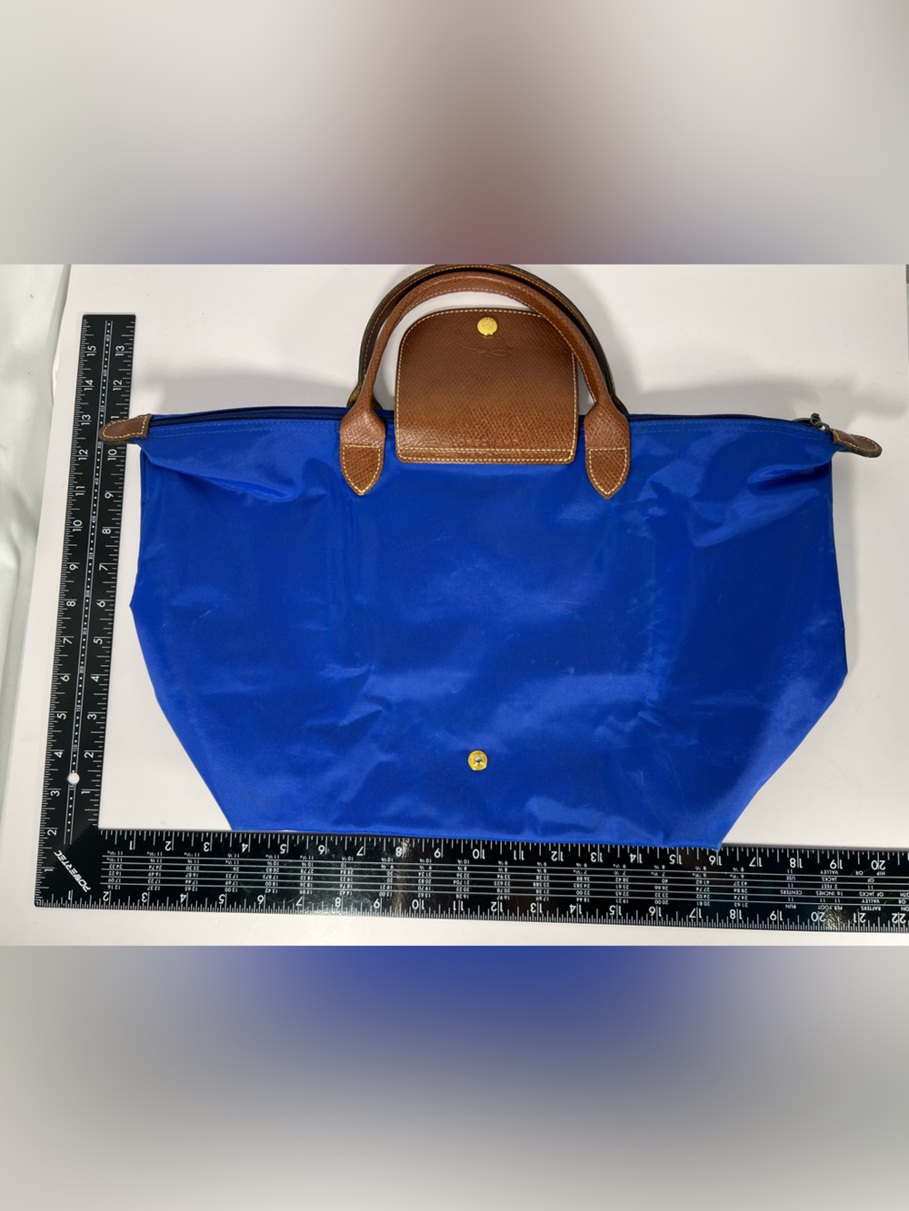 3061: Longchamp Le Pliage Large Travel Bag Blue Brown Leather